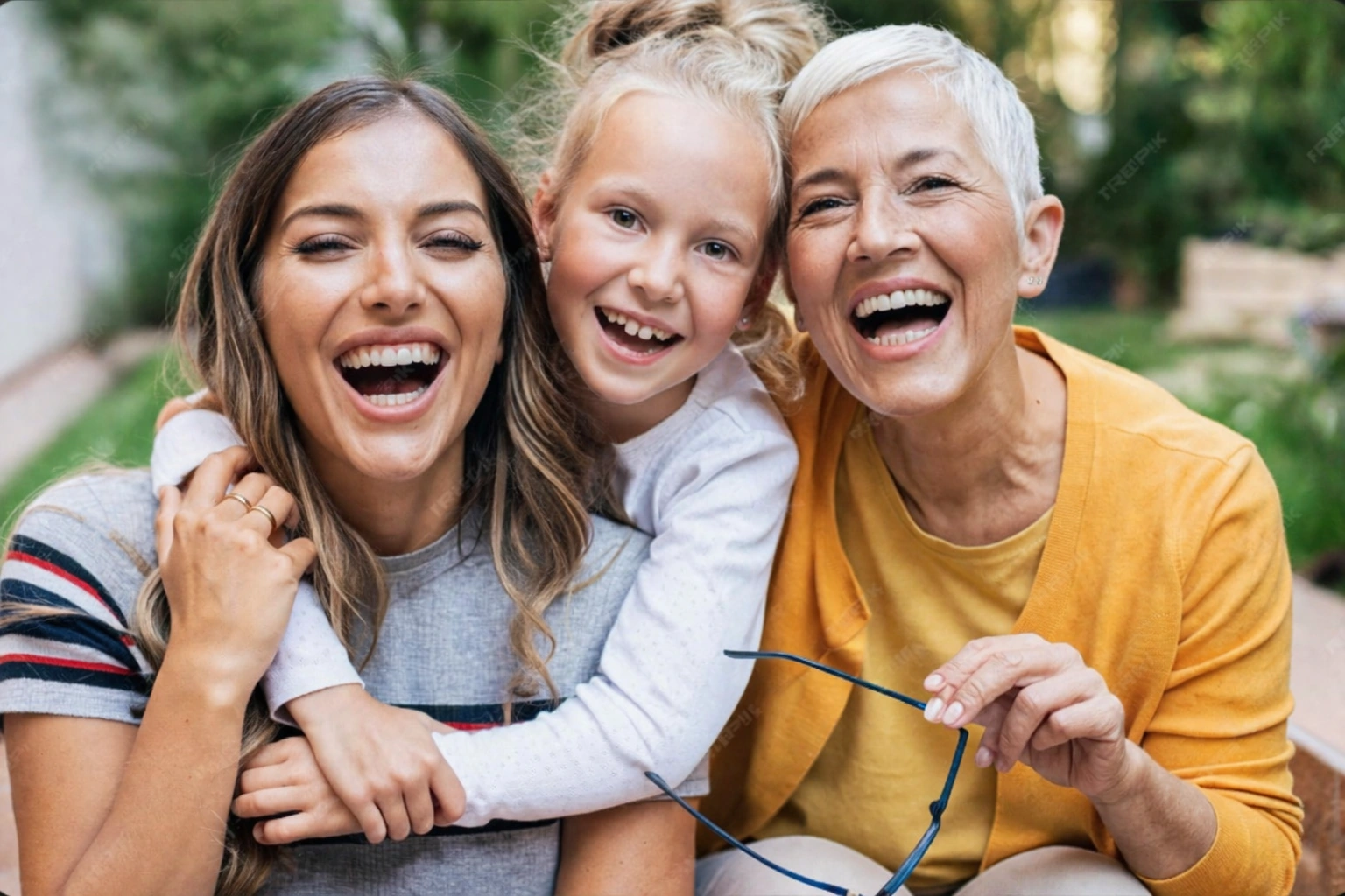 Three generations of women laughing together — welcoming new patients of every age